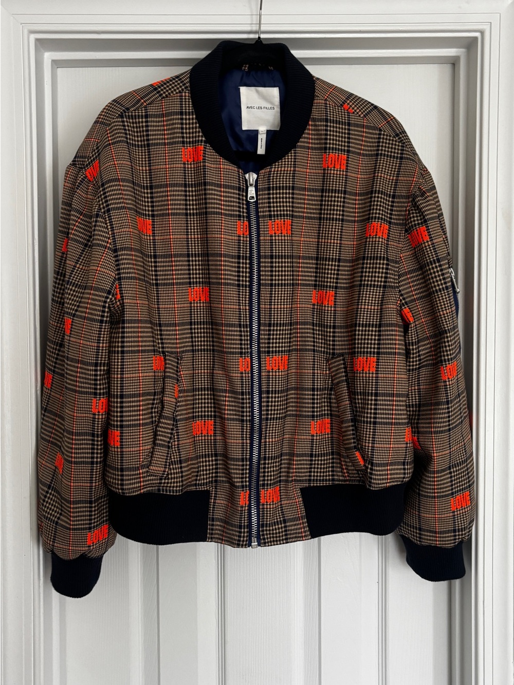Avec Les Filles Plaid Bomber Jacket with Orange Accent